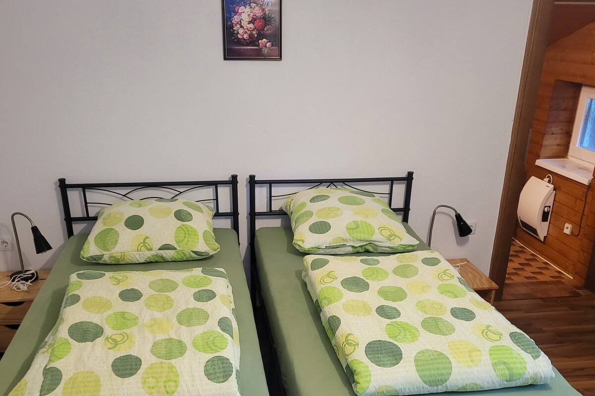 A twin room with two beds, each with green bedding and matching pillows, a small bedside table, and a wall-mounted lamp.