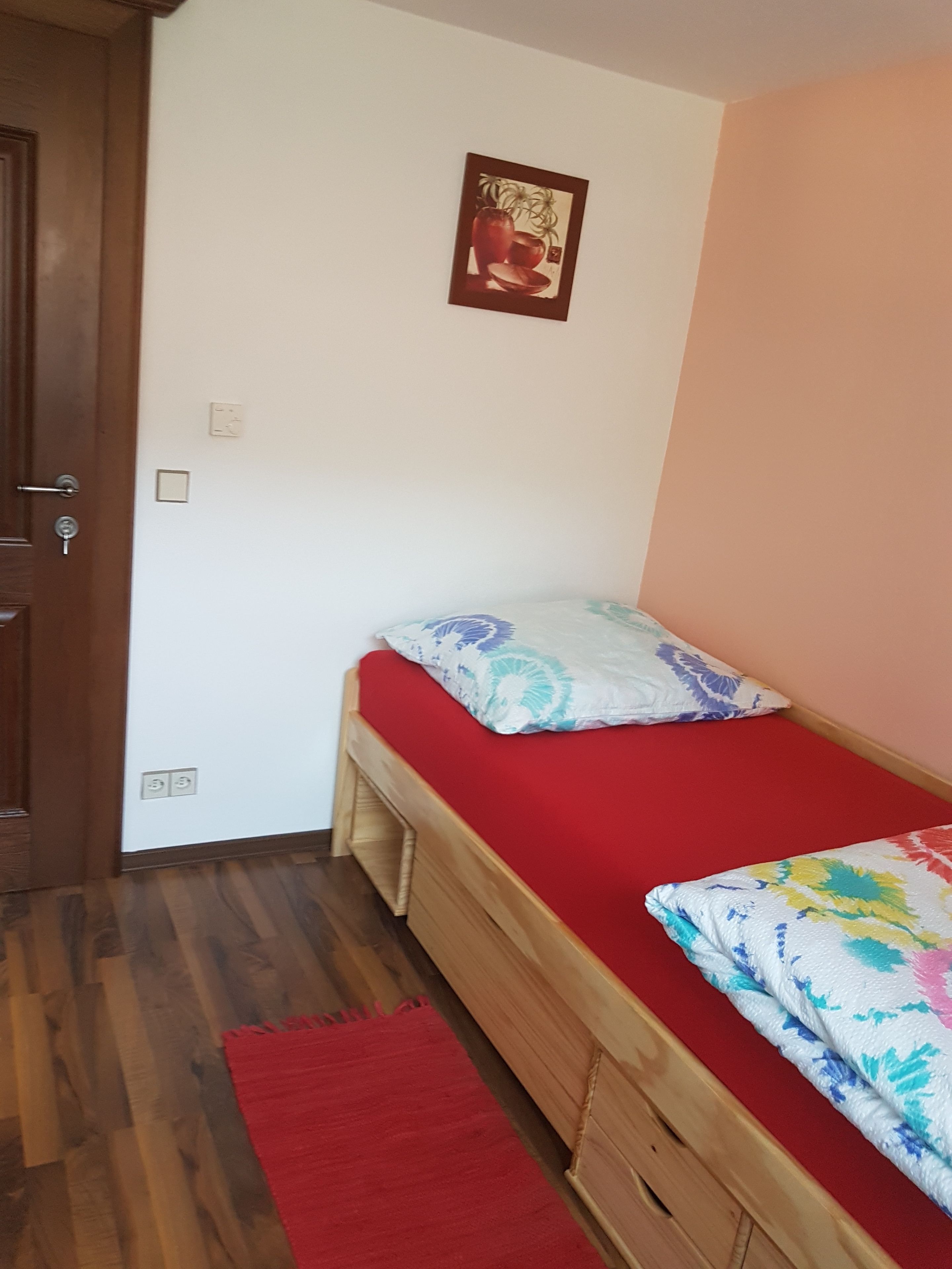 Una habitación pequeña con una cama individual, estructura de madera, ropa de cama roja, una alfombra roja y un cuadro colgado en la pared.
