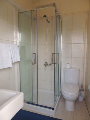 Shower, towels, soap, shampoo