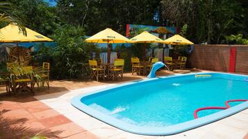 Outdoor pool, pool umbrellas, pool loungers