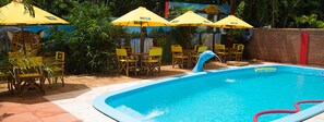 Outdoor pool, pool umbrellas, pool loungers
