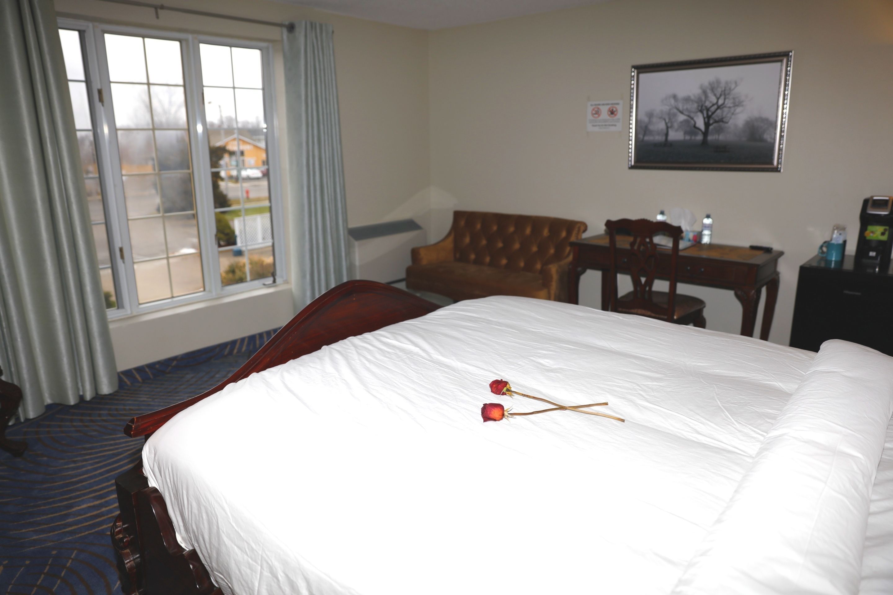 A hotel room with a large bed, a wooden chair, a small table, and a window with a view of the outside.