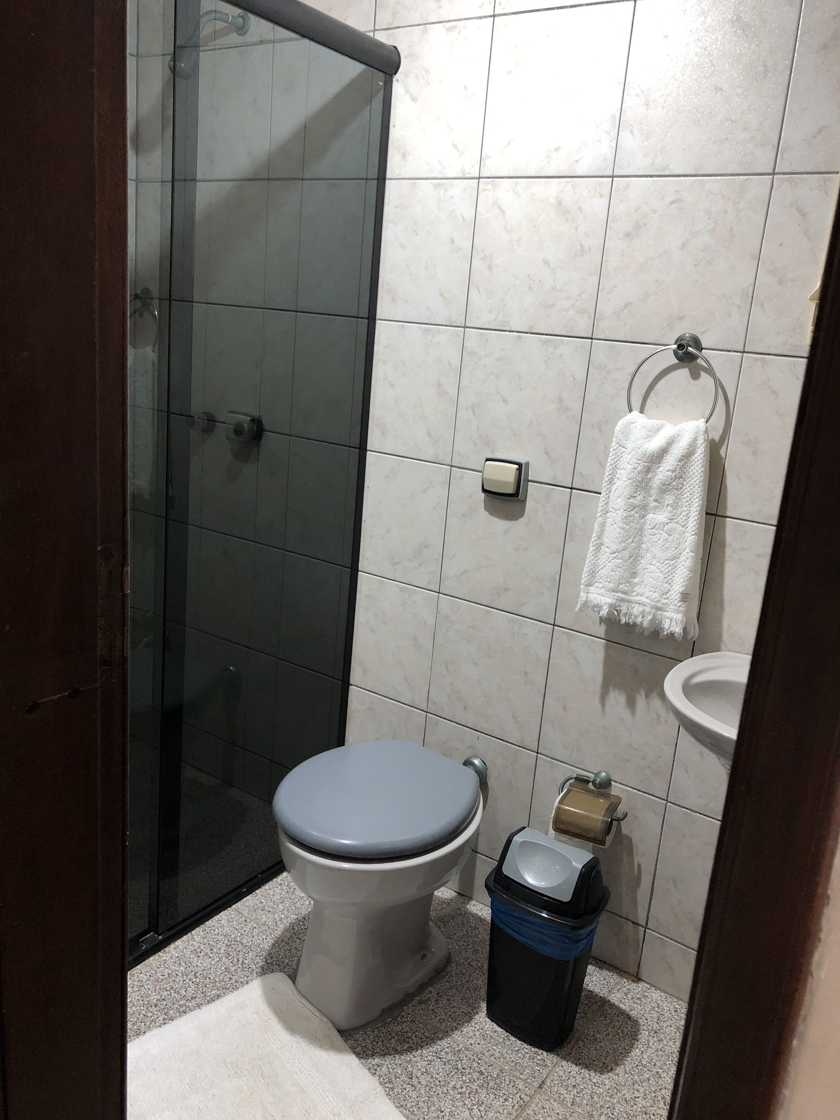 A bathroom with a toilet, a glass shower enclosure, a sink, and a towel rack.