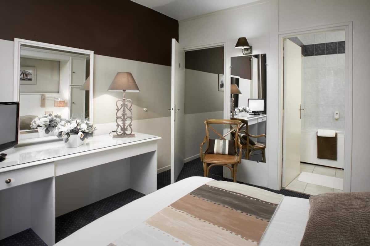 desk, blackout curtains, soundproofing, iron/ironing board