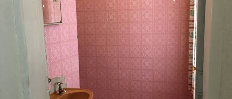 A bathroom with pink patterned tiles, a sink, and a toilet.