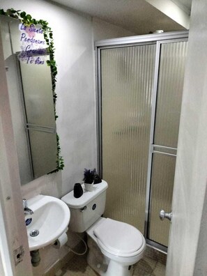 Pancuran mandi, pengering rambut, tuala disediakan, sabun 