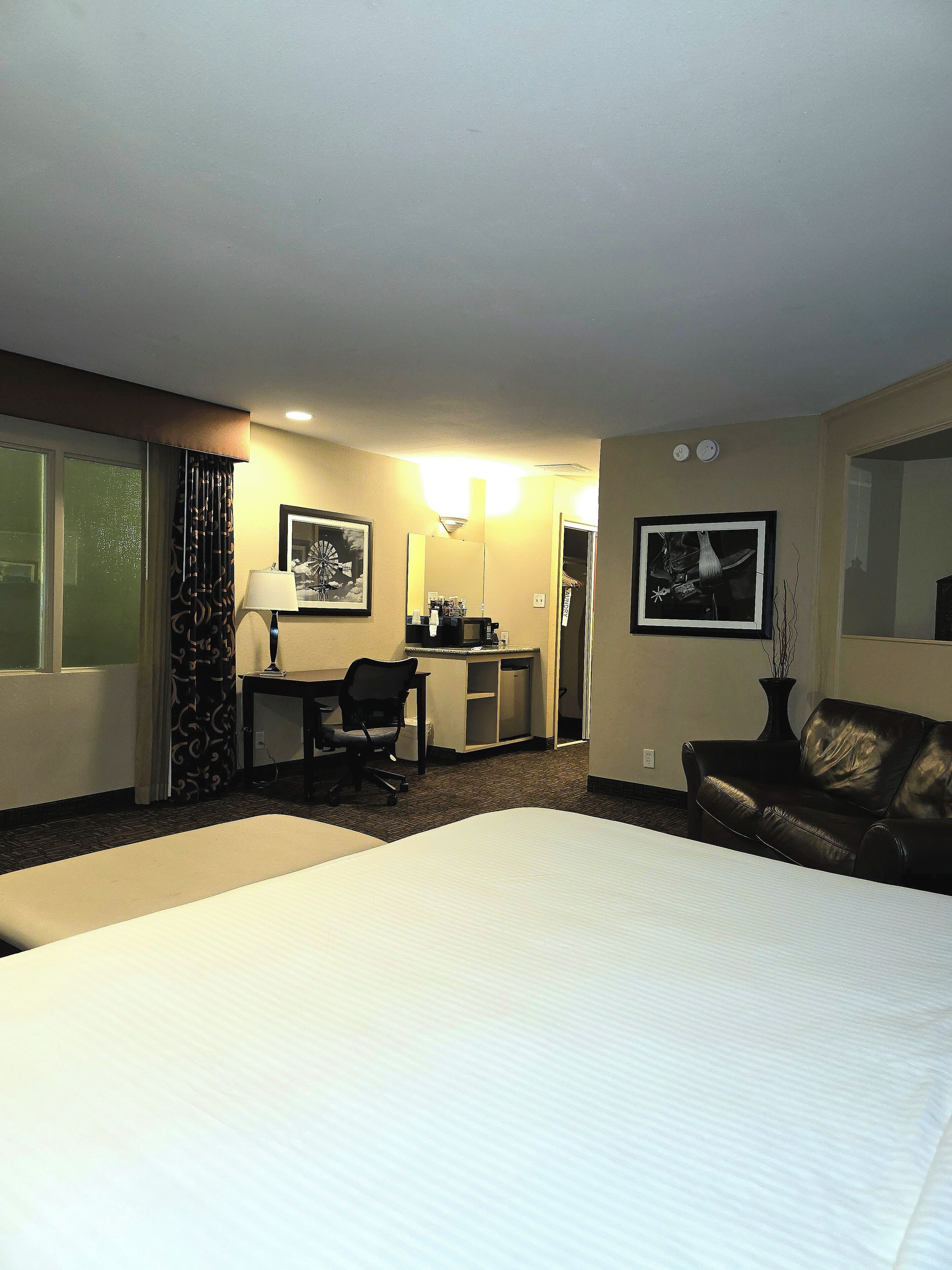 A hotel room with a bed, desk, chair, and a couch.