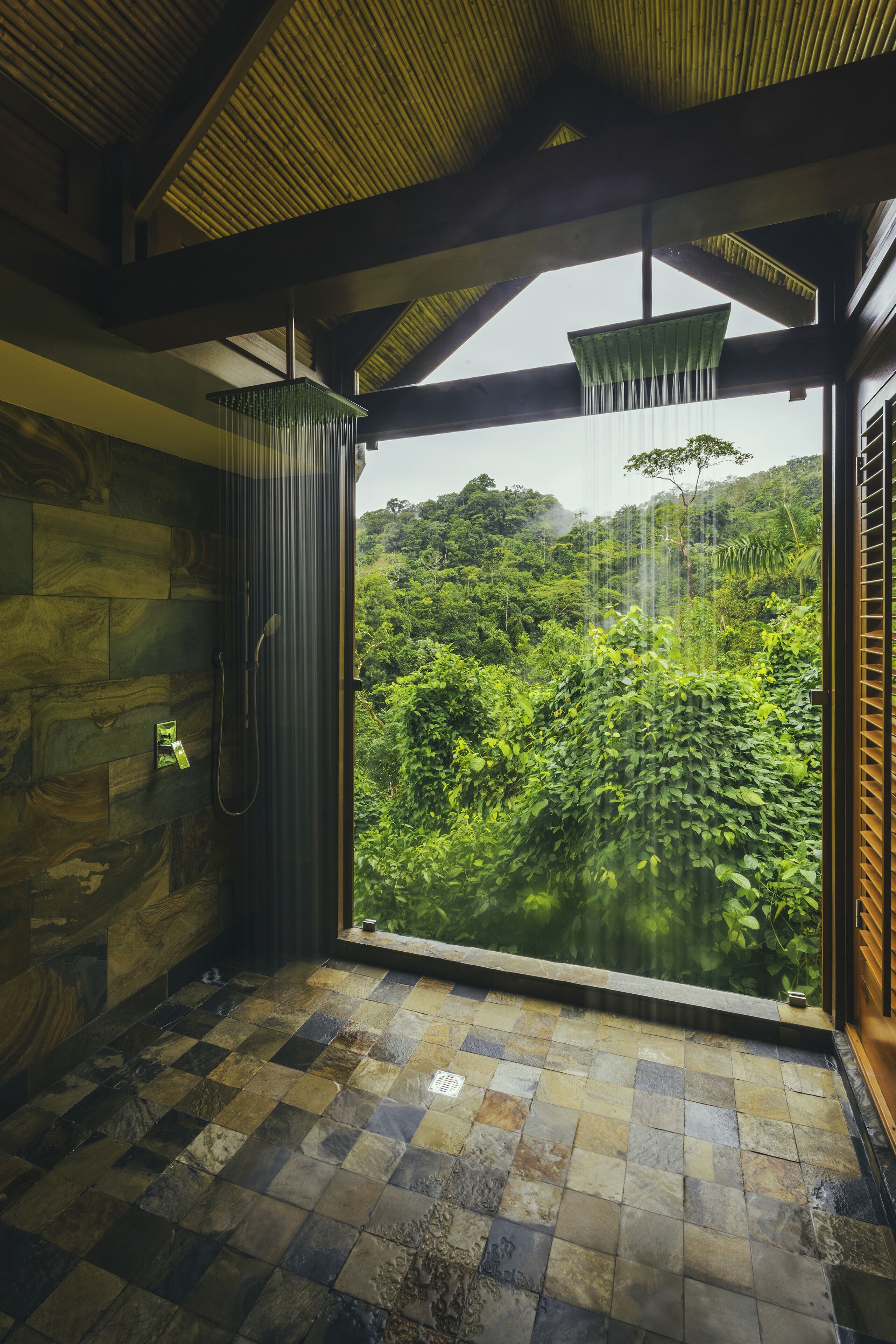 Shower, rainfall showerhead, hair dryer, bathrobes