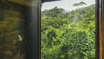 Shower, rainfall showerhead, hair dryer, bathrobes