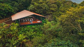 A wooden deck with a roof overlooking a lush forest.