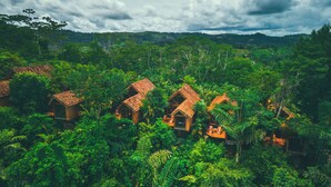 Un conjunto de casas rurales con techos de paja, ubicadas en un bosque verde y frondoso.