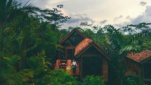 A wooden house surrounded by dense tropical vegetation. - Amor Arenal Adults Friendly (La Fortuna)