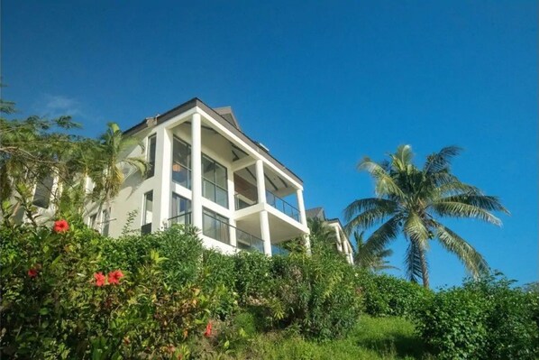 A modern multi-story building with balconies, surrounded by lush greenery and a palm tree.