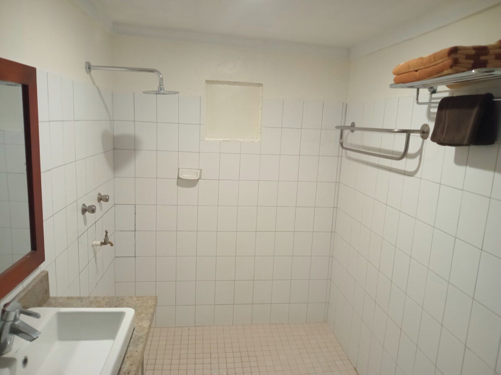 Um banheiro com pia, chuveiro e porta-toalhas.