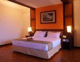 Habitación de hotel con una cama grande, dos lámparas de noche, una mesita de noche con un teléfono y un cuadro en la pared.