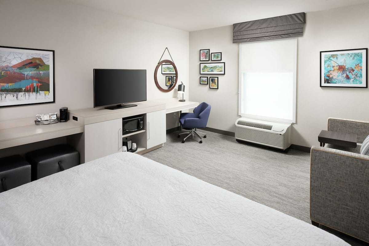 A hotel room with a bed, a desk with a flat-screen TV, a chair, a heater, and artwork on the walls.