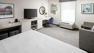 A hotel room with a bed, a desk with a flat-screen TV, a chair, a heater, and artwork on the walls.