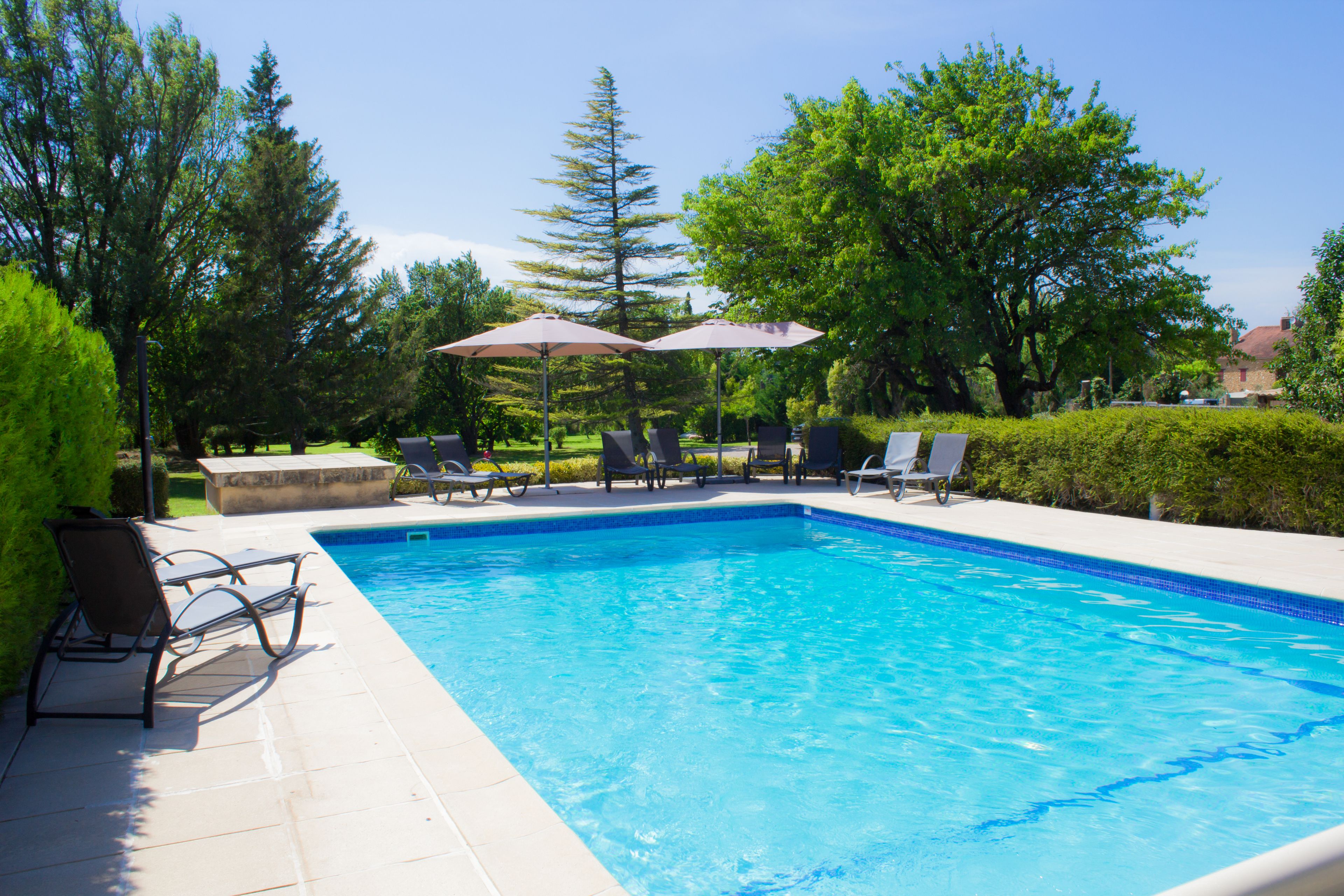 A swimming pool with lounge chairs and umbrellas, surrounded by trees and greenery.