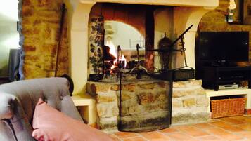 Una sala de estar acogedora con chimenea de piedra, televisor y un sofá cómodo.