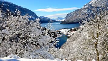 A mountainous landscape with a lake, snow-covered trees, and a small building in the distance.