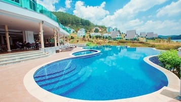 Outdoor pool, pool umbrellas, pool loungers