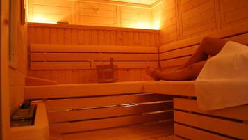 A wooden sauna with benches and a bench seat.
