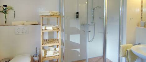 A modern bathroom with a glass-enclosed shower, a toilet, a sink, and a shelf with towels.