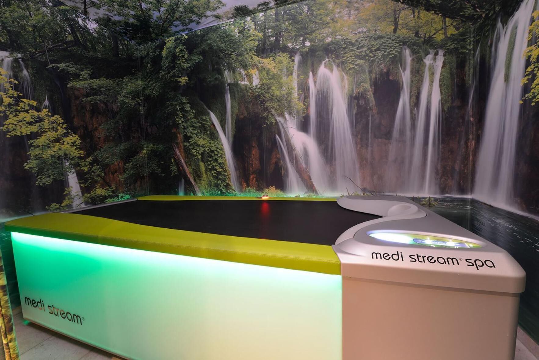 Un área de spa con un mural de cascada, una recepción y una piscina.