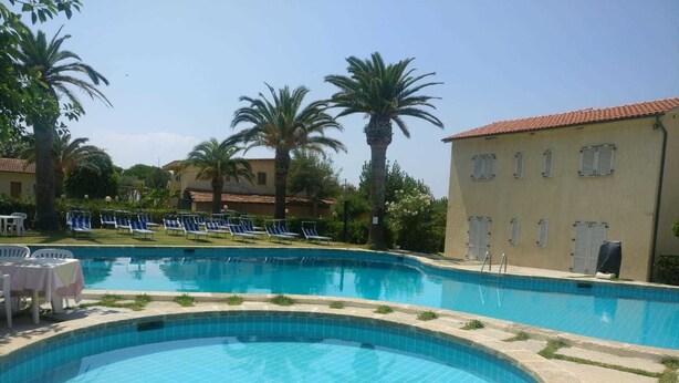 A swimming pool with lounge chairs and palm trees. - Hotel Club Torre Marino (Ricadi)