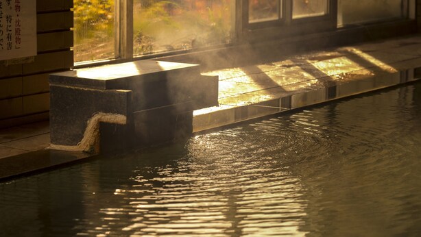 Un onsen japonés tradicional con una plataforma de piedra y vistas de un jardín a través del ventanal.