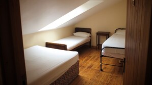 A dormitory room with two single beds, a small wooden nightstand, and a slanted ceiling skylight. - Gilfach Wen Barn (Carmarthen)