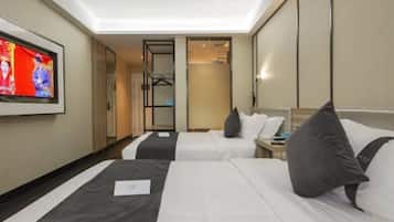 Desk, blackout drapes, soundproofing, iron/ironing board