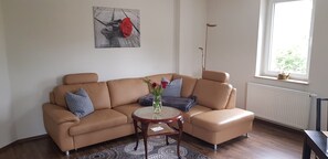Flat-screen TV, books, stereo