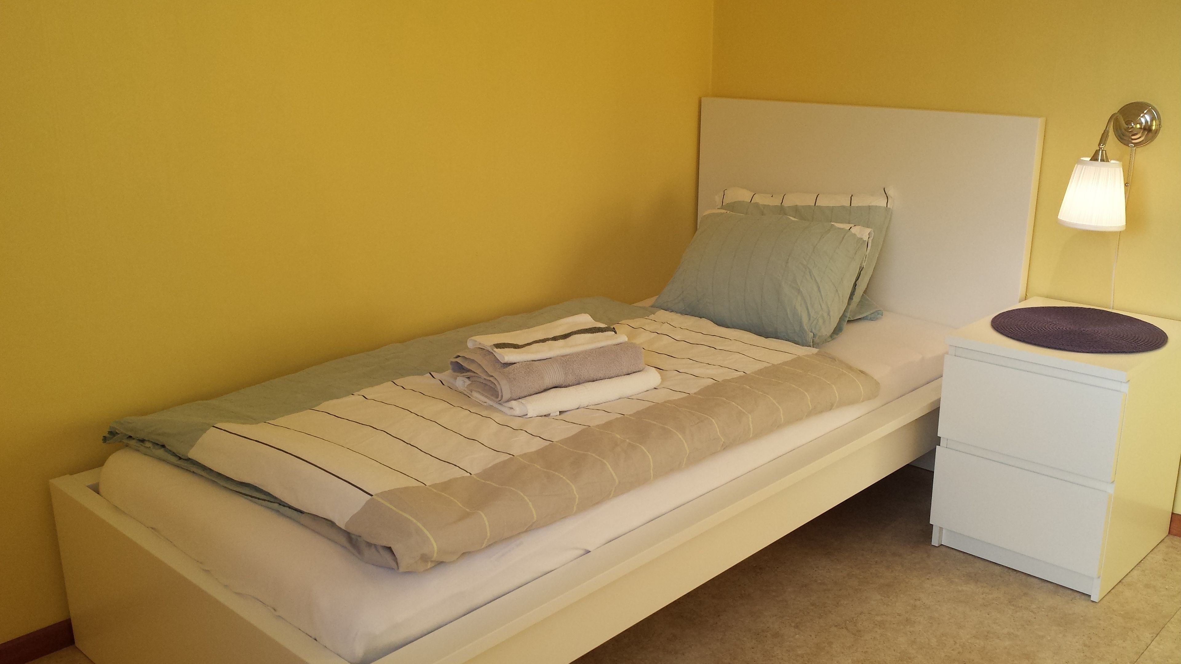 A single bed with a headboard, a bedside table, and a wall-mounted lamp.