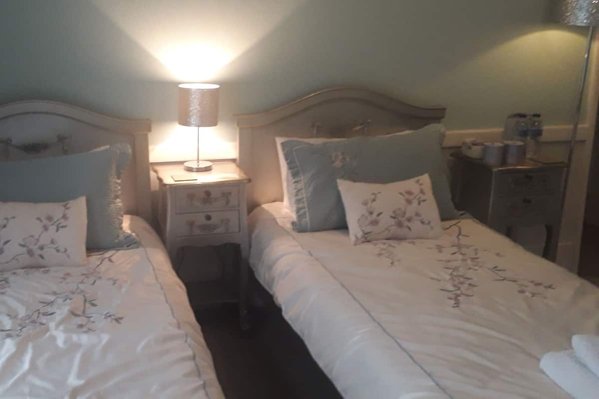 A bedroom with two beds, each with floral bedding and matching pillows. There is a bedside table with a lamp between the beds.