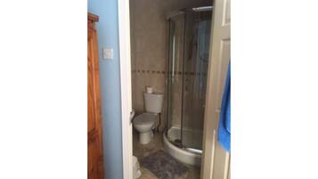 A bathroom with a toilet, a shower, and a blue towel hanging on the door.