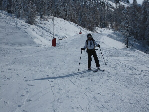 A person skiing down a snowy slope with trees in the background. - Le Bacchu Ber (Briançon)