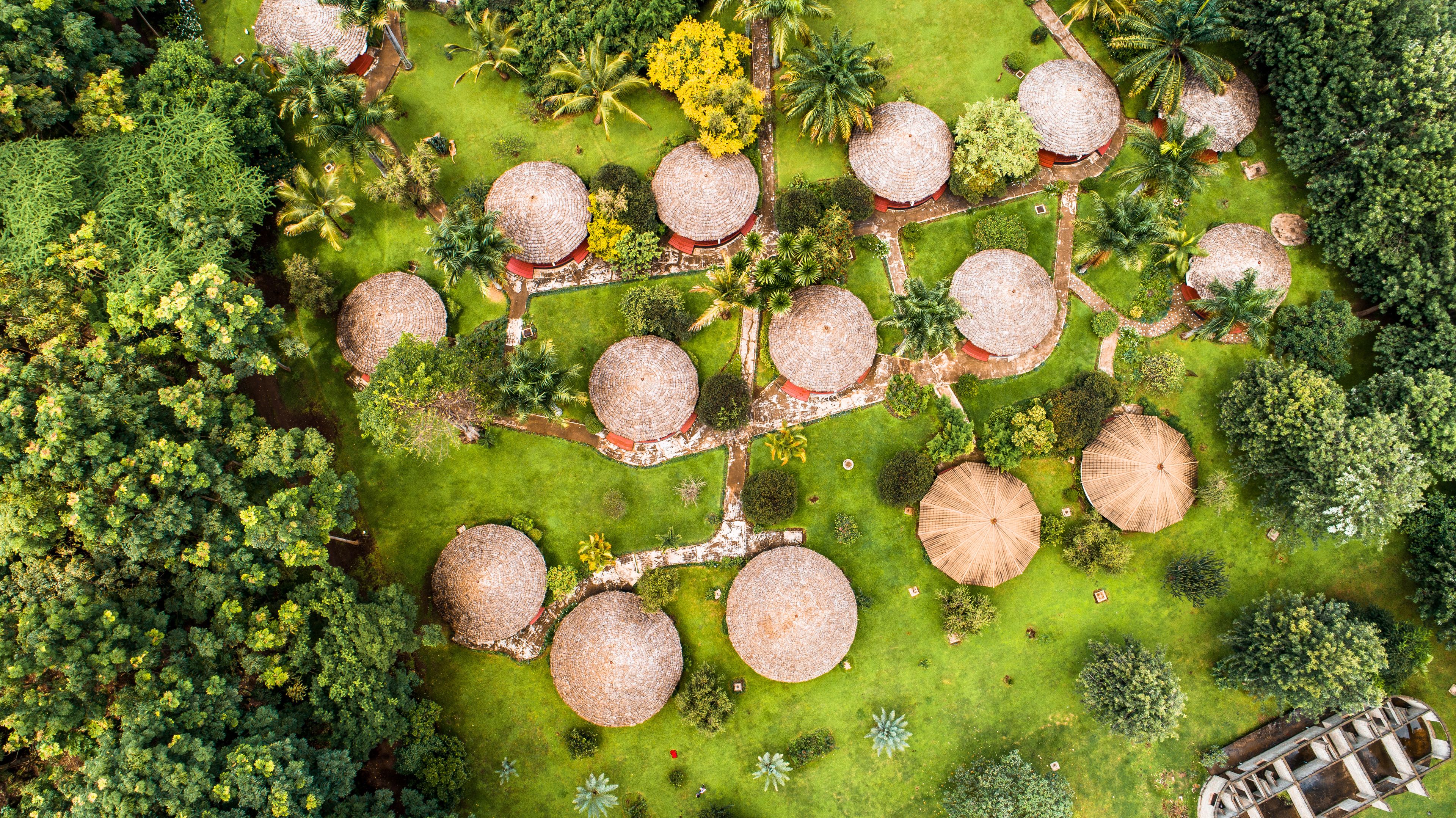 An aerial view of a resort with multiple thatched-roof structures surrounded by lush greenery and palm trees.