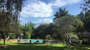 A backyard with a swimming pool, a grassy lawn, and a view of a snow-capped mountain. - Kilemakyaro Mountain Lodge (Moshi)