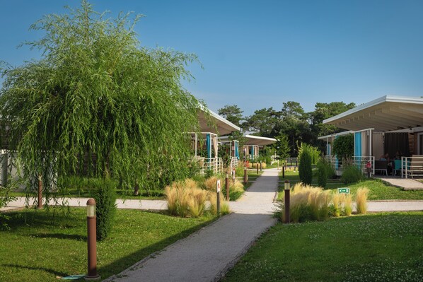 A pathway leading to a building with a covered entrance, surrounded by greenery and a clear sky.