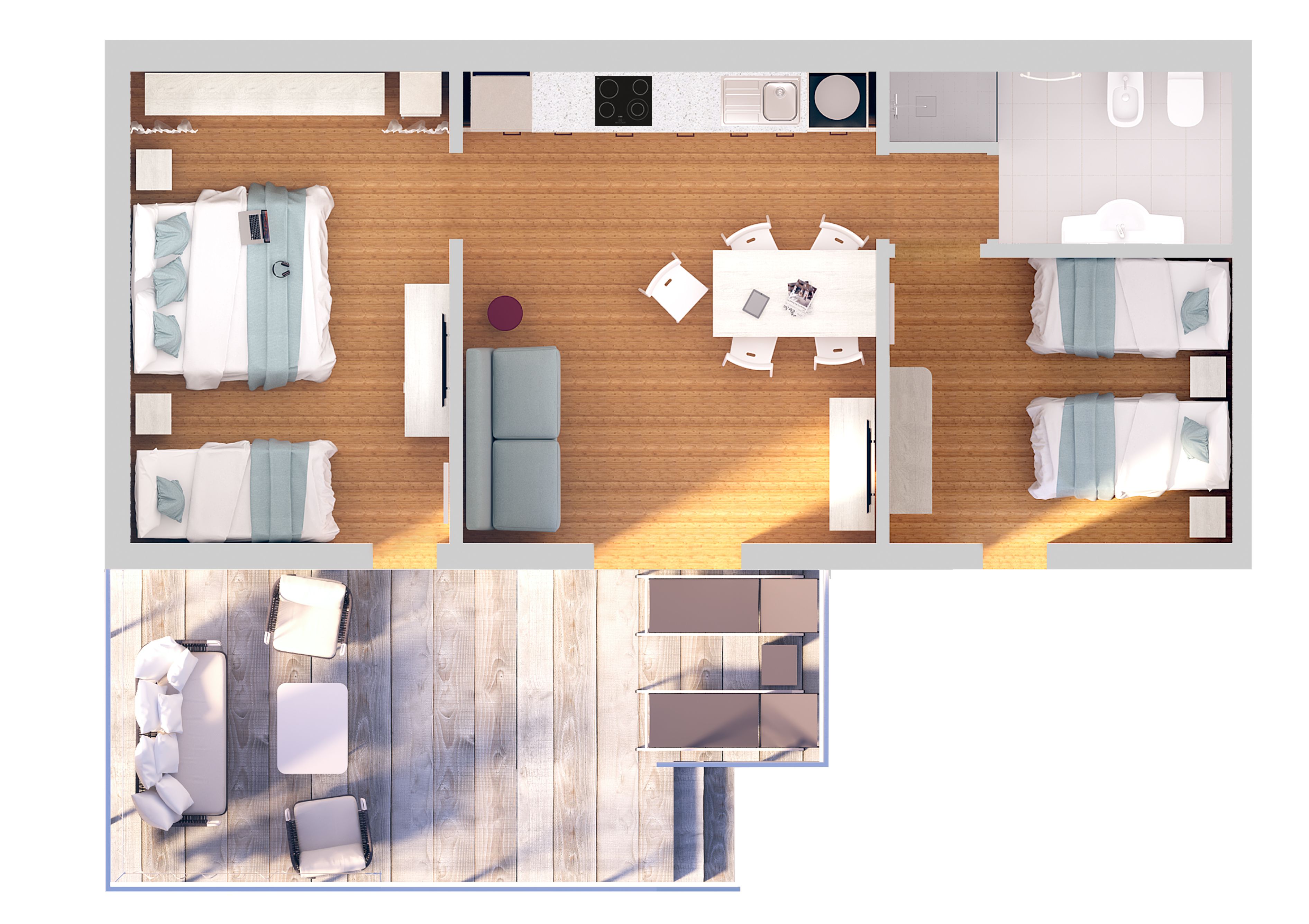 En hotellrumsinredning med en säng, ett sängbord, en stol och en liten sittgrupp.