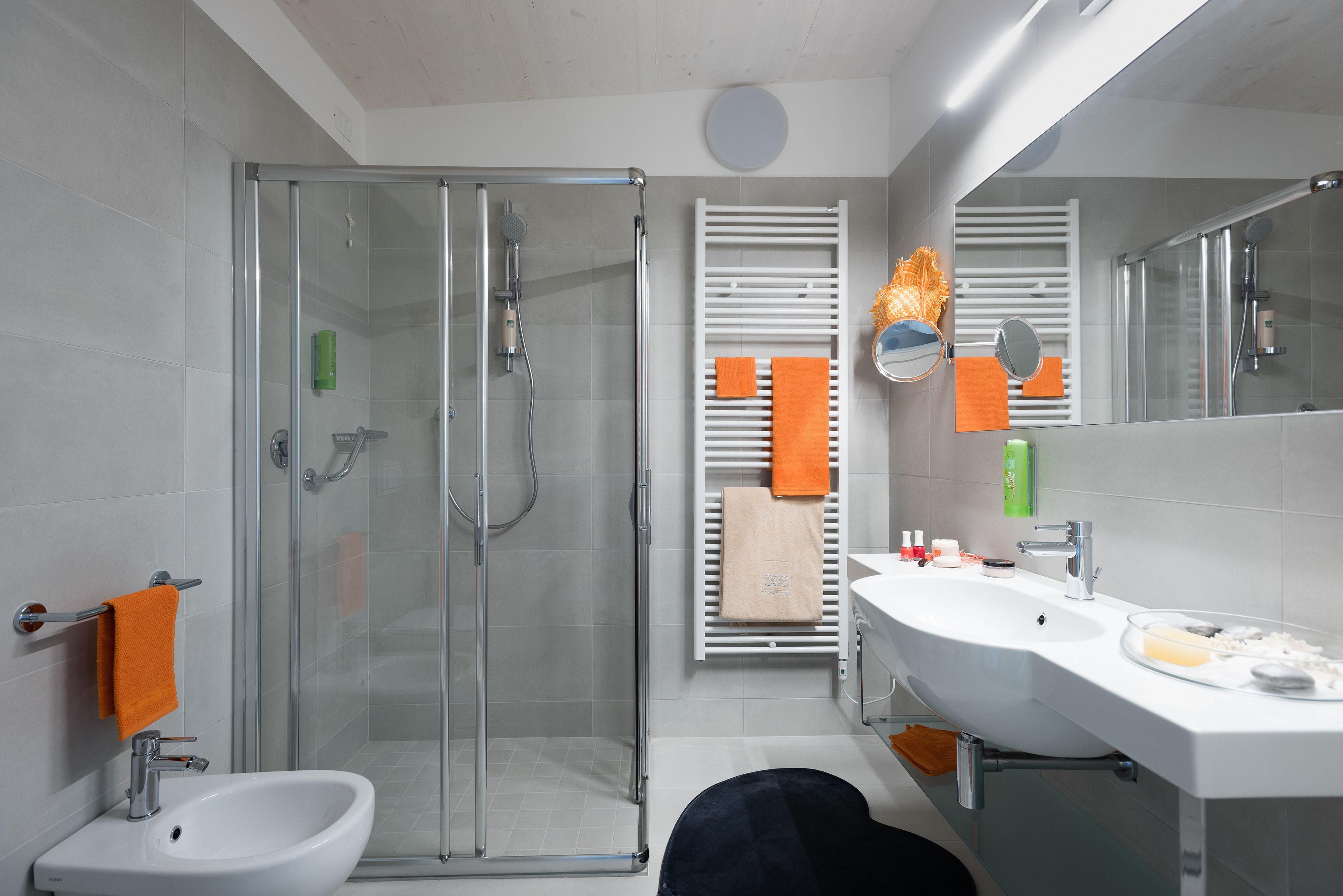 A modern bathroom with a glass shower enclosure, a bidet, a sink with a mirror, and a towel rack.