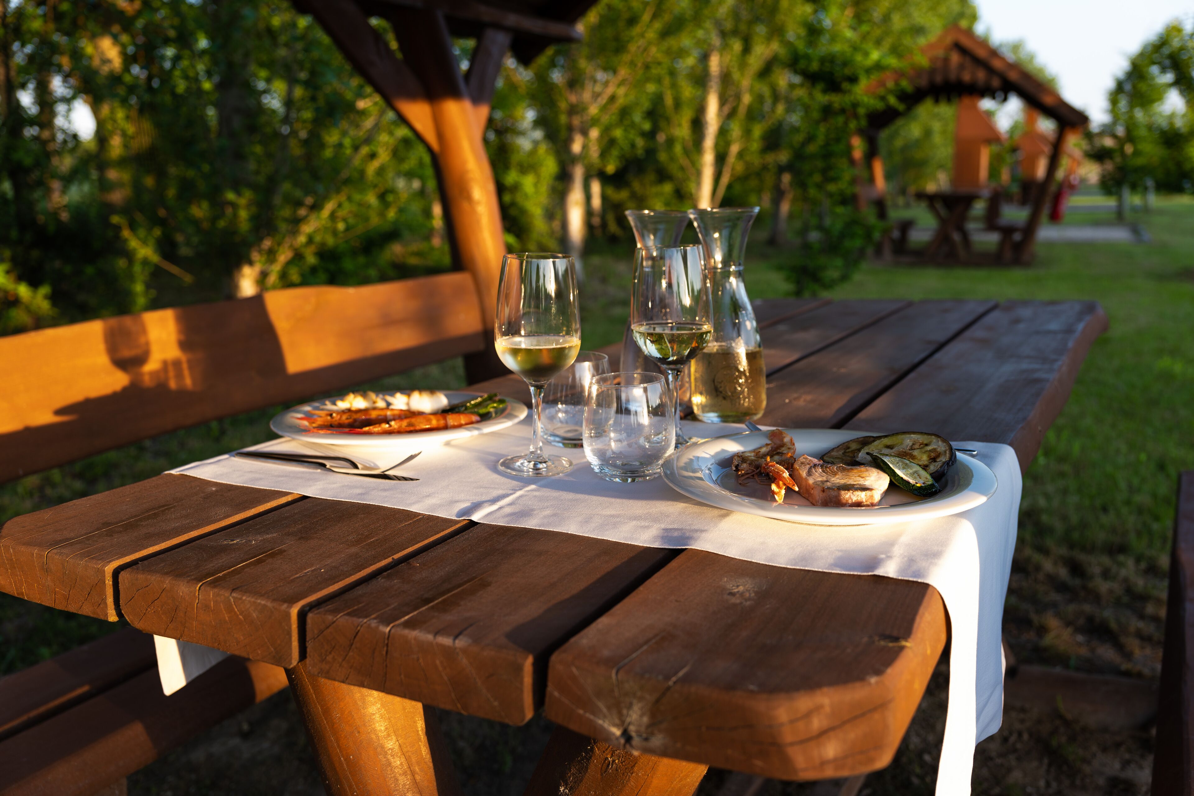 Una mesa de picnic de madera con mantel blanco, platos de comida, copas de vino y una jarra.