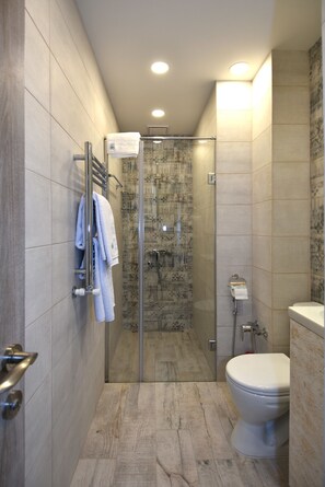 Apartamento, 1 quarto | Banheiro | Chuveiro, produtos de toalete grátis, secador de cabelo, chinelos