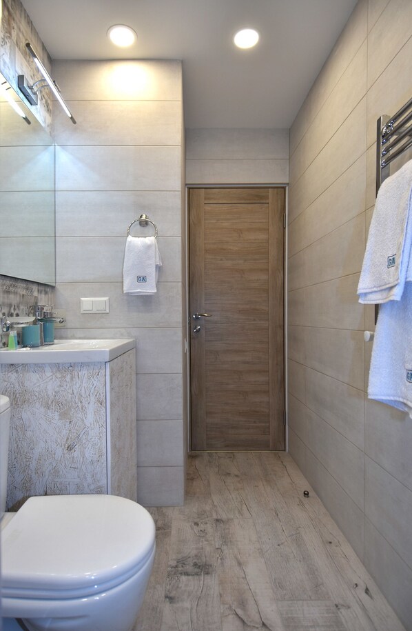 Apartamento, 1 quarto | Banheiro | Chuveiro, produtos de toalete grátis, secador de cabelo, chinelos