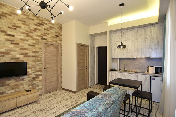 Departamento, 1 habitaci ón | Cocina privada | Refrigerador, microondas, horno y parrilla de estufa 