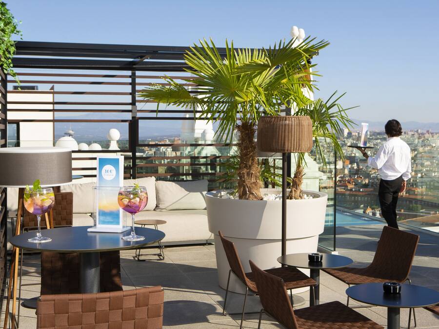 A rooftop terrace with outdoor seating, a large potted plant, and a city view.