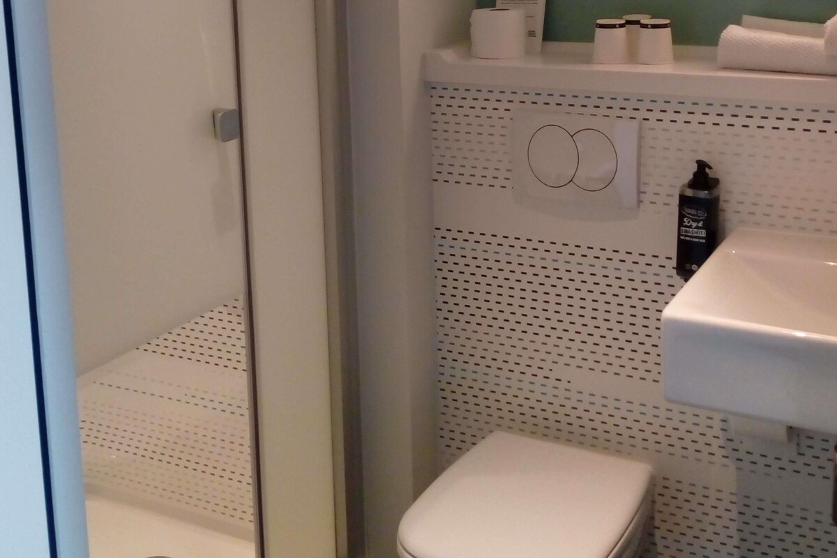 A bathroom with a toilet, a sink, and a shower area.