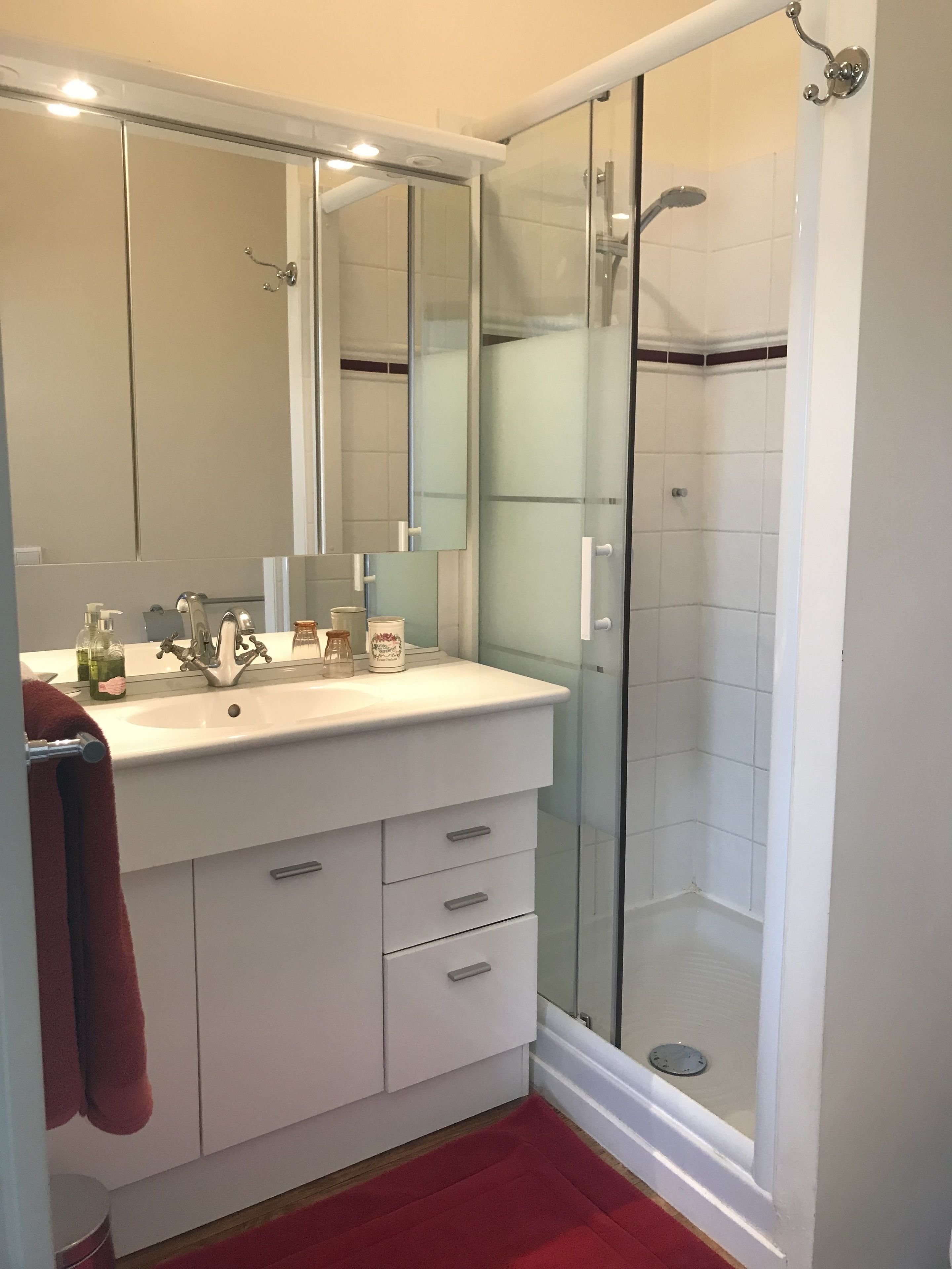A bathroom with a white vanity, a large mirror, a glass shower enclosure, and a red bath mat.
