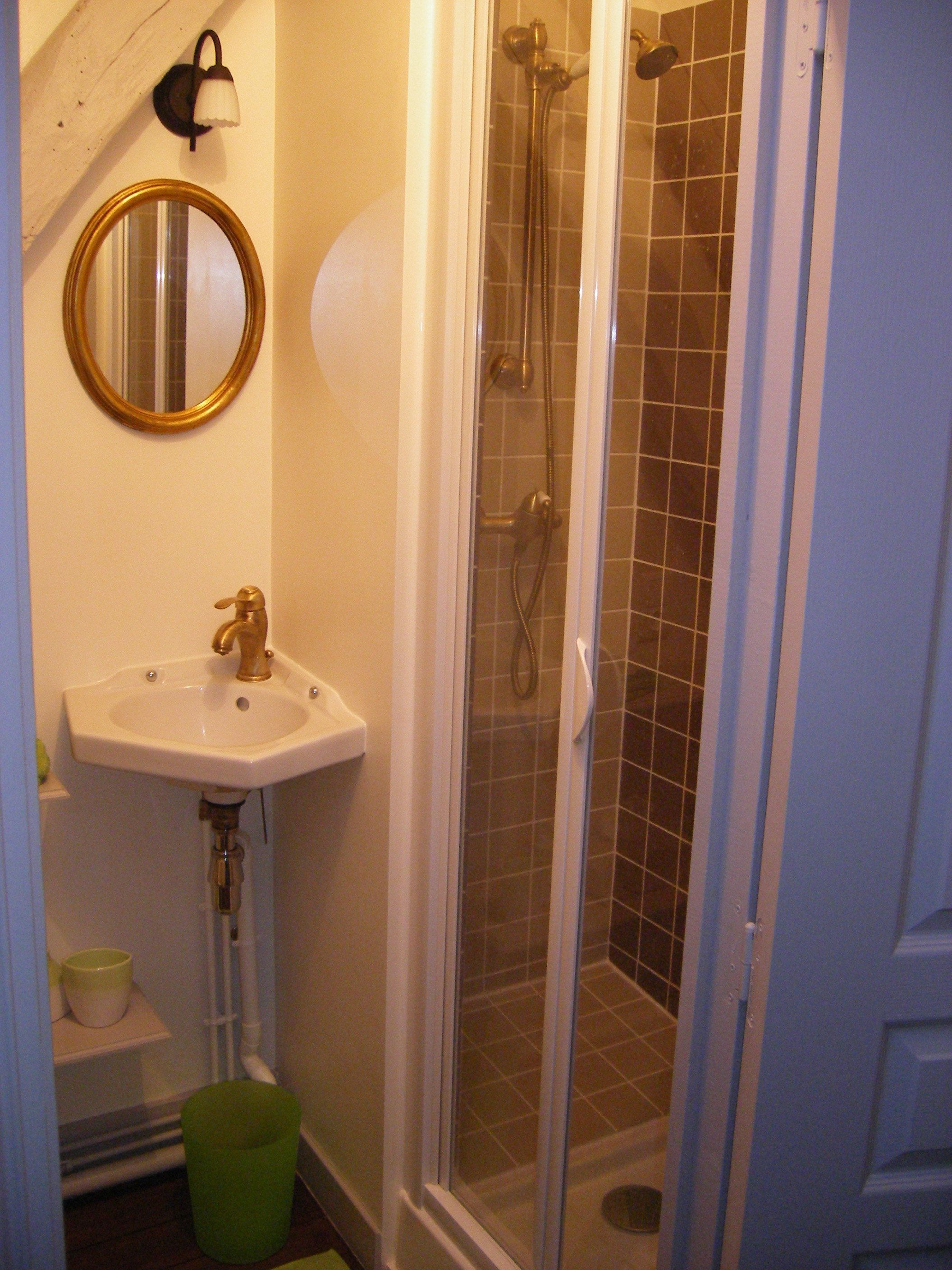 Un baño con lavamanos, espejo y ducha.